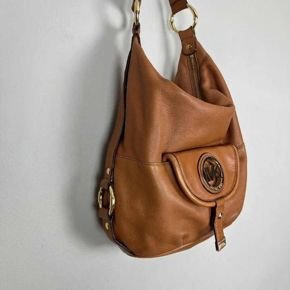 Michael Kors Leather Hobo Handbag Shoulder Bag Gold Plated Hardware Fulton Brown